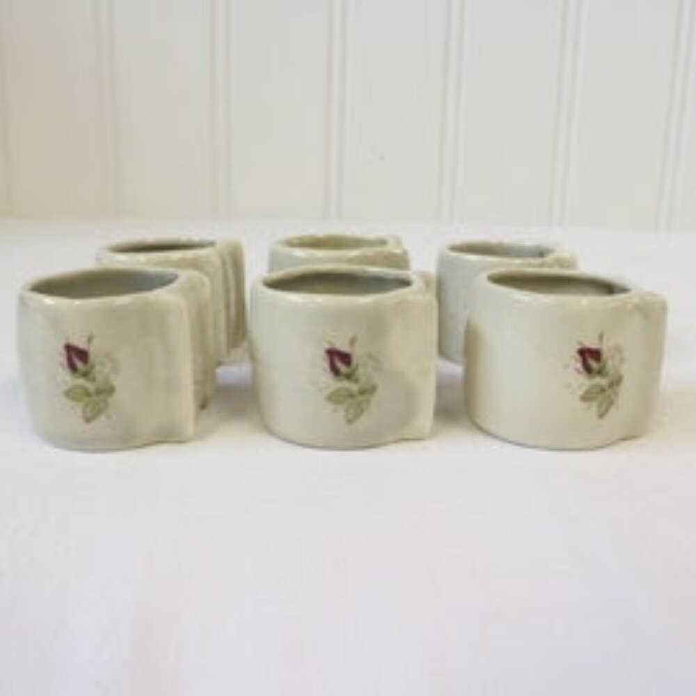 Brand New Set of 6 Vintage Ceramic Napkin Rings with Purple Roses